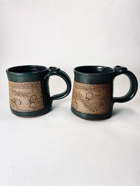 2 Handcrafted Pottery Mugs by Lynne Deep Teal Green Glaze Floral Etched Detail